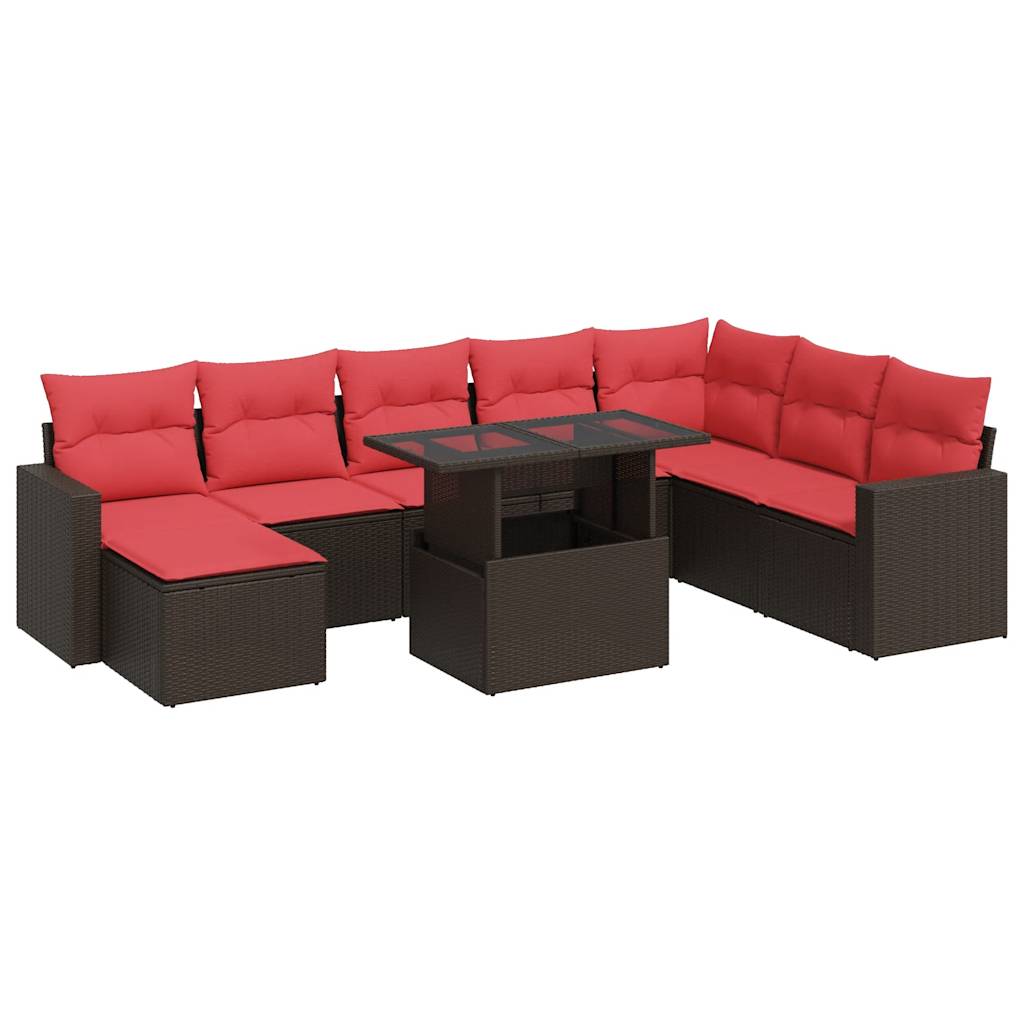 9-tlg. Garten-Sofagarnitur mit Kissen Braun Poly Rattan Akazie