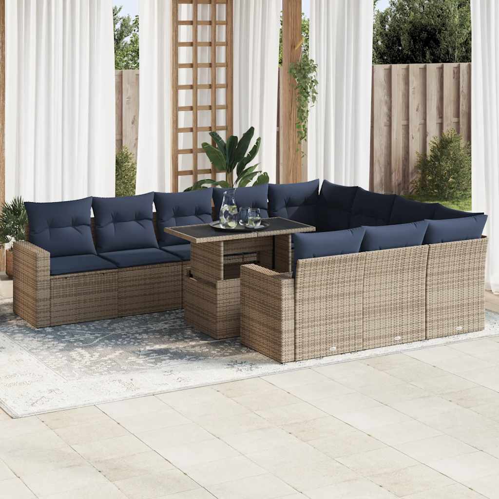 11-tlg. Garten-Sofagarnitur mit Kissen Grau Poly Rattan