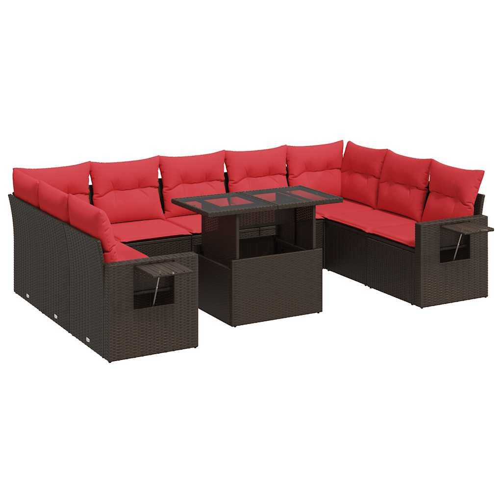 10-tlg. Garten-Sofagarnitur mit Kissen Braun Poly Rattan Akazie