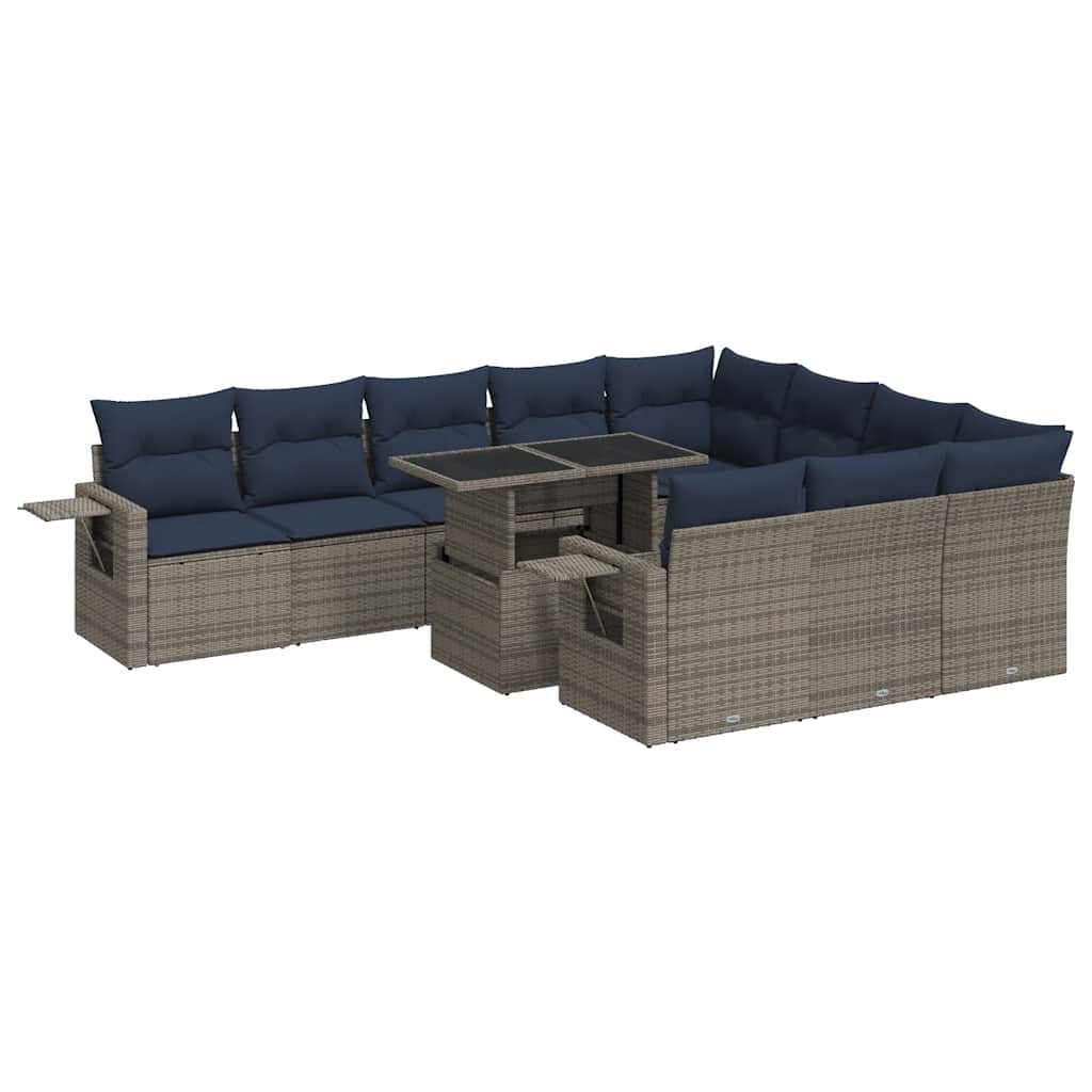 11-tlg. Garten-Sofagarnitur mit Kissen Grau Poly Rattan Akazie