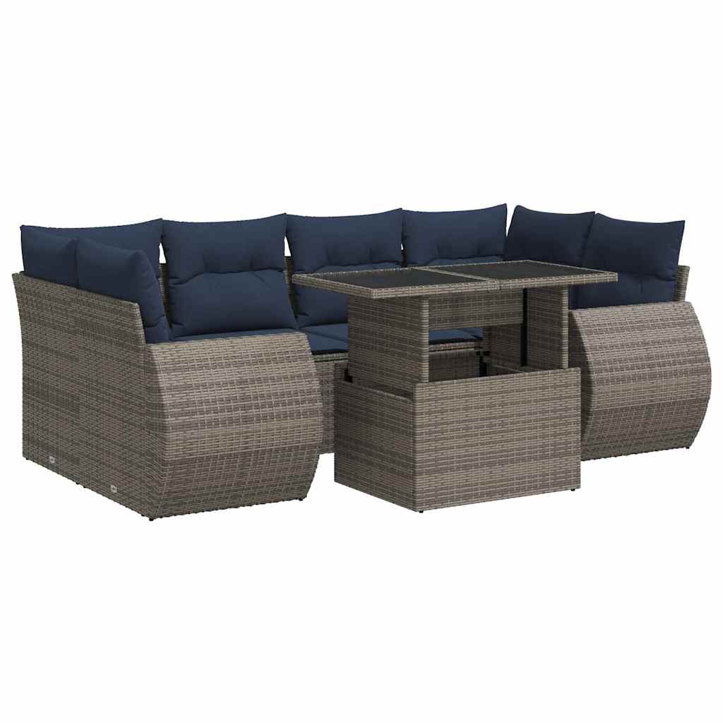 7-tlg. Garten-Sofagarnitur mit Kissen Grau Poly Rattan Akazie