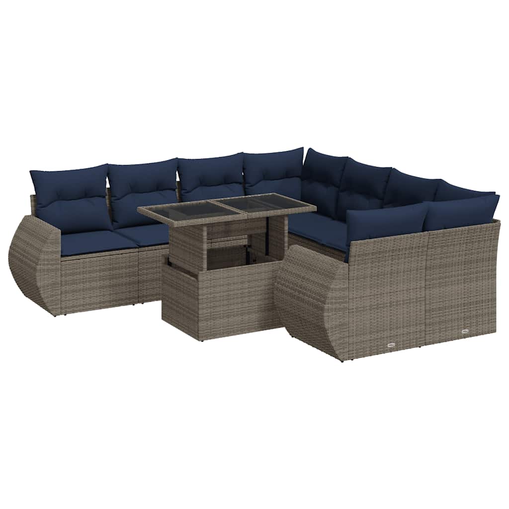 9-tlg. Garten-Sofagarnitur mit Kissen Grau Poly Rattan Akazie