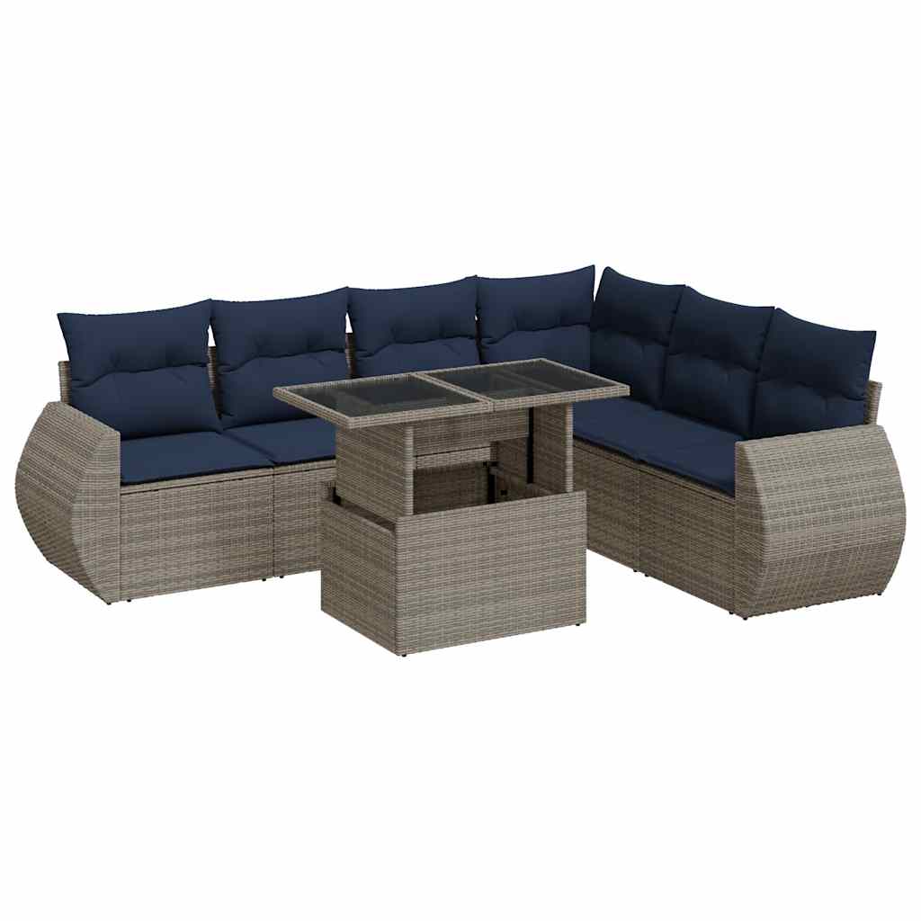 7-tlg. Garten-Sofagarnitur mit Kissen Grau Poly Rattan Akazie