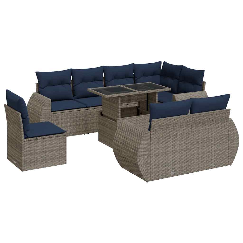9-tlg. Garten-Sofagarnitur mit Kissen Grau Poly Rattan Akazie