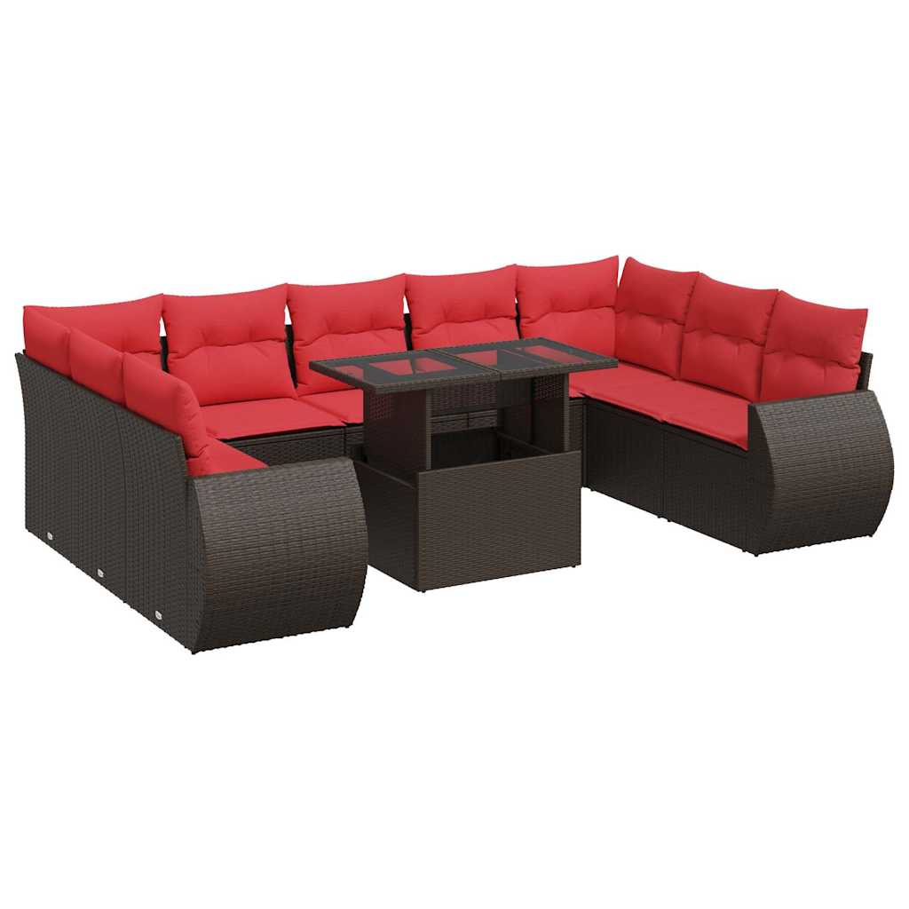 10-tlg. Garten-Sofagarnitur mit Kissen Braun Poly Rattan Akazie