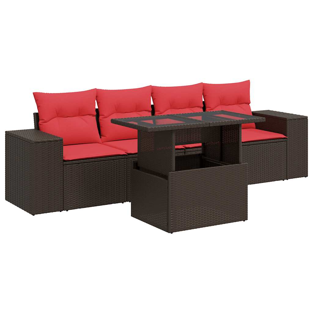 5-tlg. Garten-Sofagarnitur mit Kissen Braun Poly Rattan Akazie