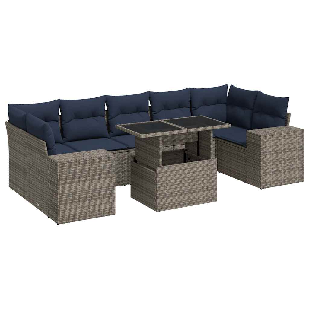 8-tlg. Garten-Sofagarnitur mit Kissen Grau Poly Rattan Akazie