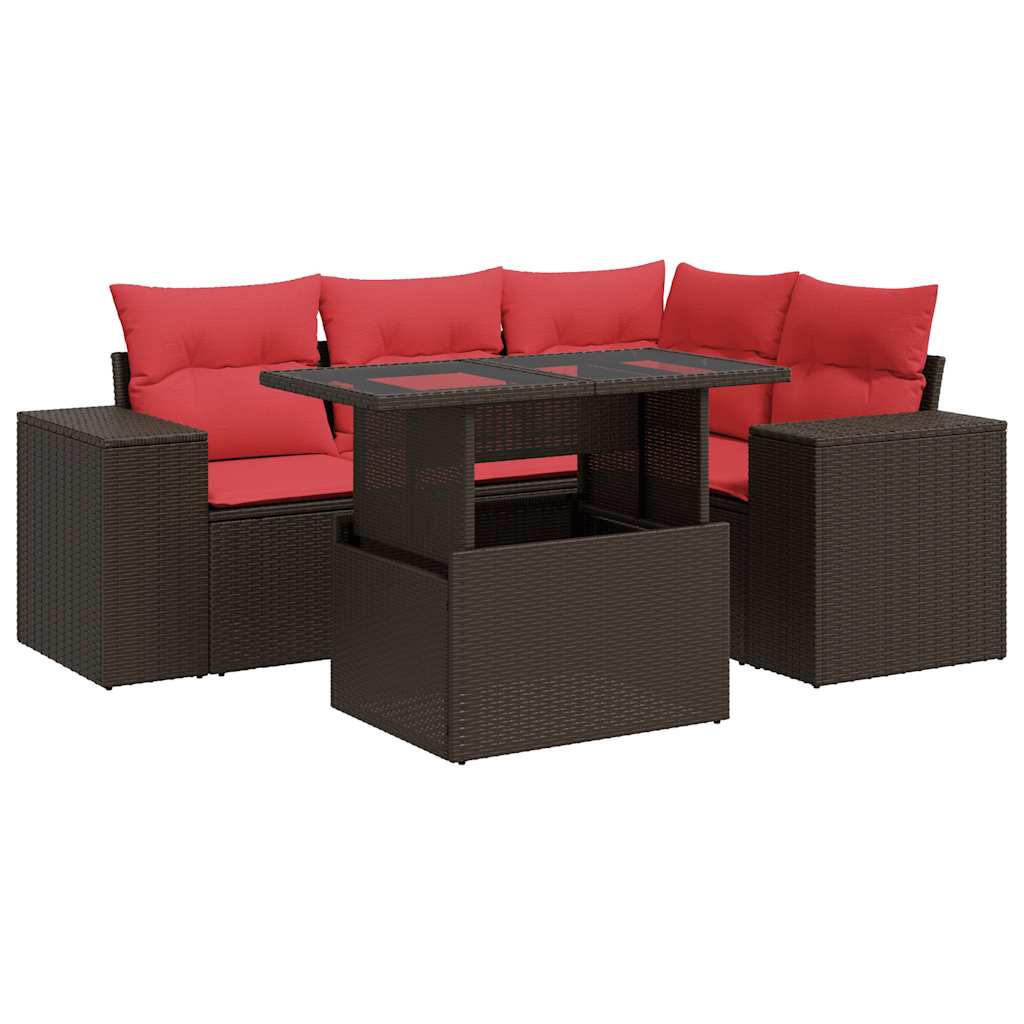 5-tlg. Garten-Sofagarnitur mit Kissen Braun Poly Rattan Akazie