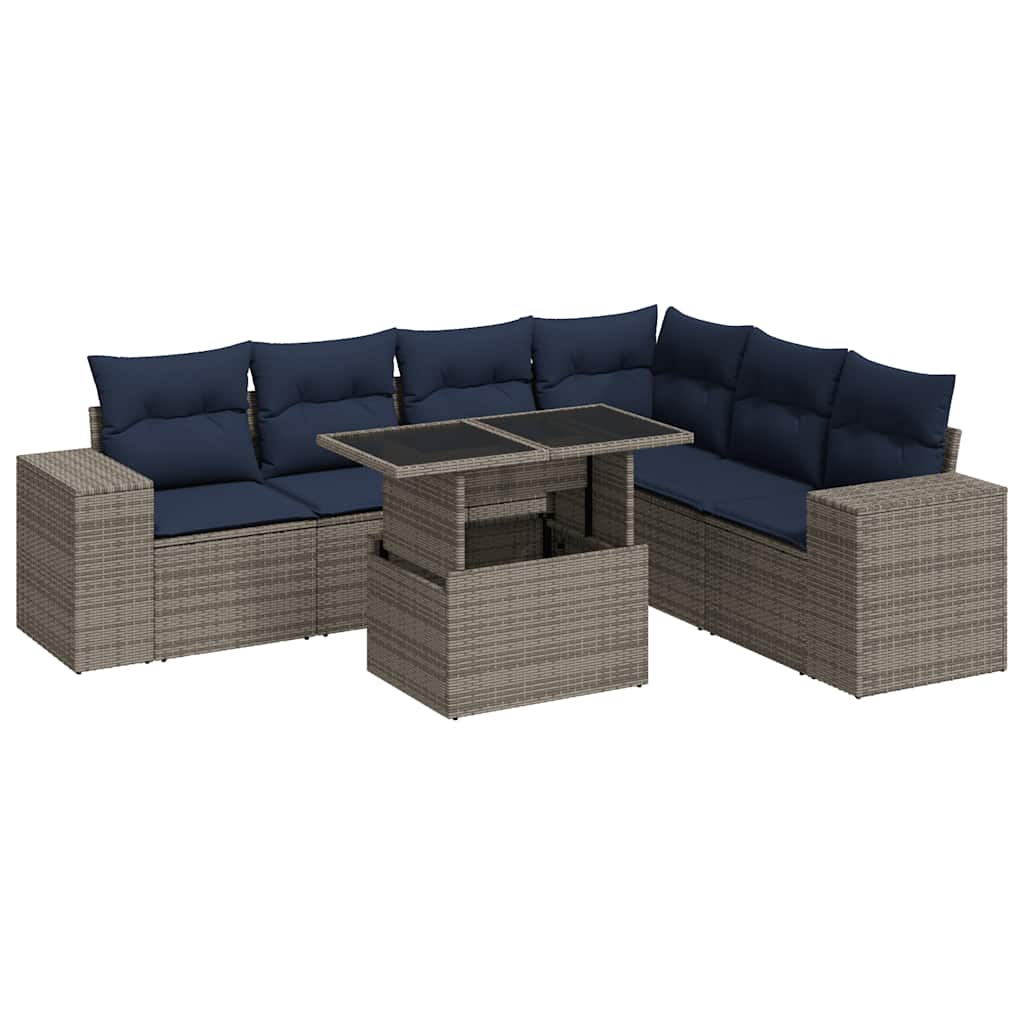 7-tlg. Garten-Sofagarnitur mit Kissen Grau Poly Rattan Akazie