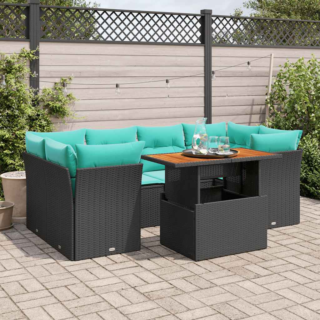 7-tlg. Garten-Sofagarnitur mit Kissen Schwarz Poly Rattan