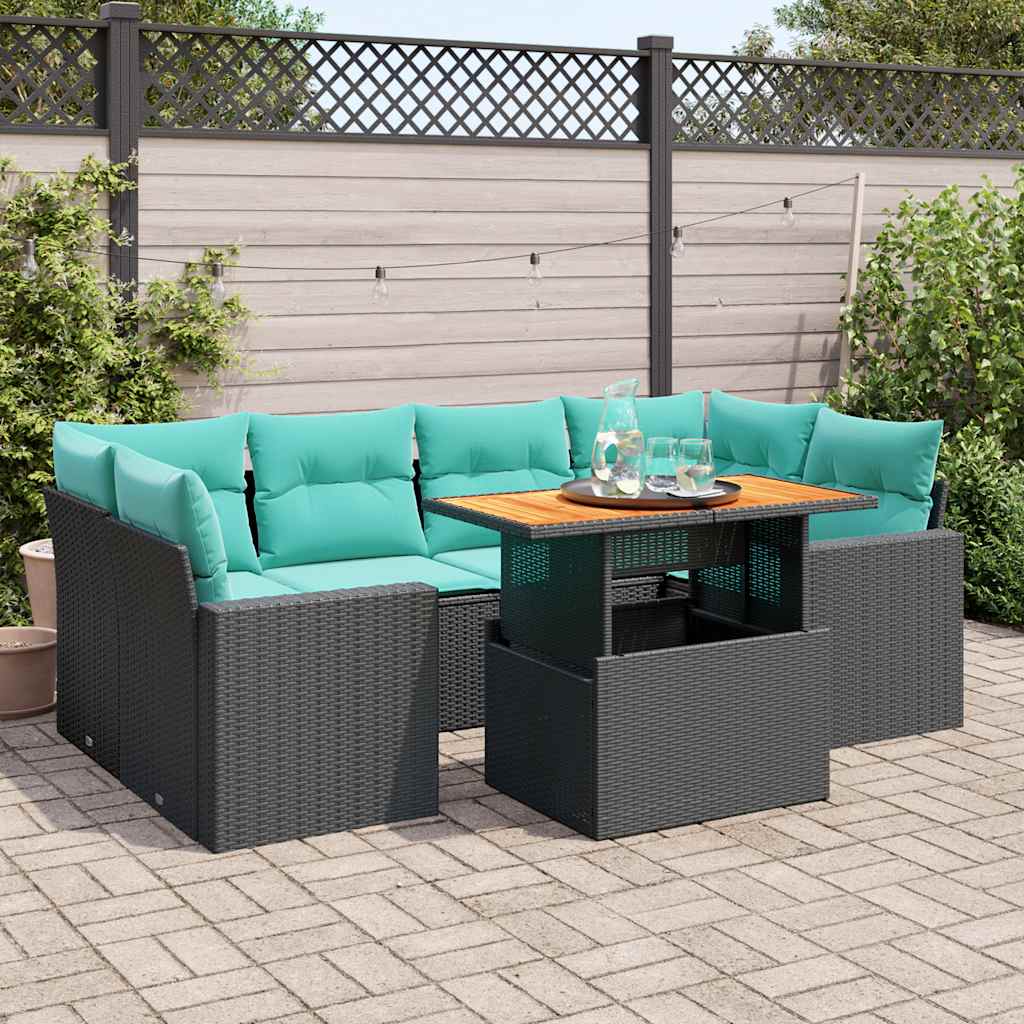 7-tlg. Garten-Sofagarnitur mit Kissen Schwarz Poly Rattan