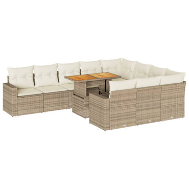 11-tlg. Garten-Sofagarnitur mit Kissen Beige Poly Rattan