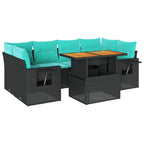 7-tlg. Garten-Sofagarnitur mit Kissen Schwarz Poly Rattan