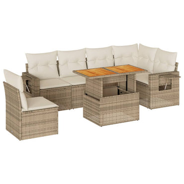 7-tlg. Garten-Sofagarnitur mit Kissen Beige Poly Rattan