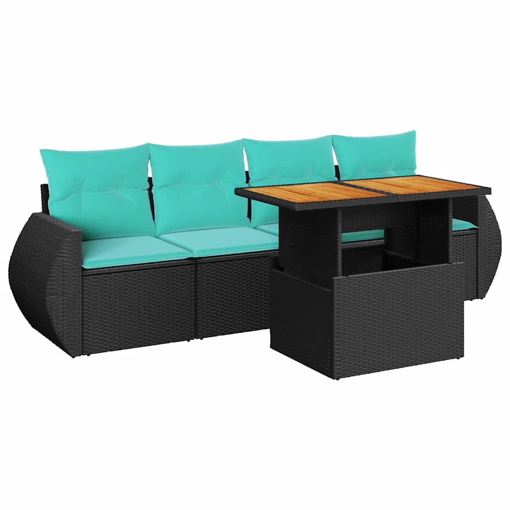 5-tlg. Garten-Sofagarnitur mit Kissen Schwarz Poly Rattan