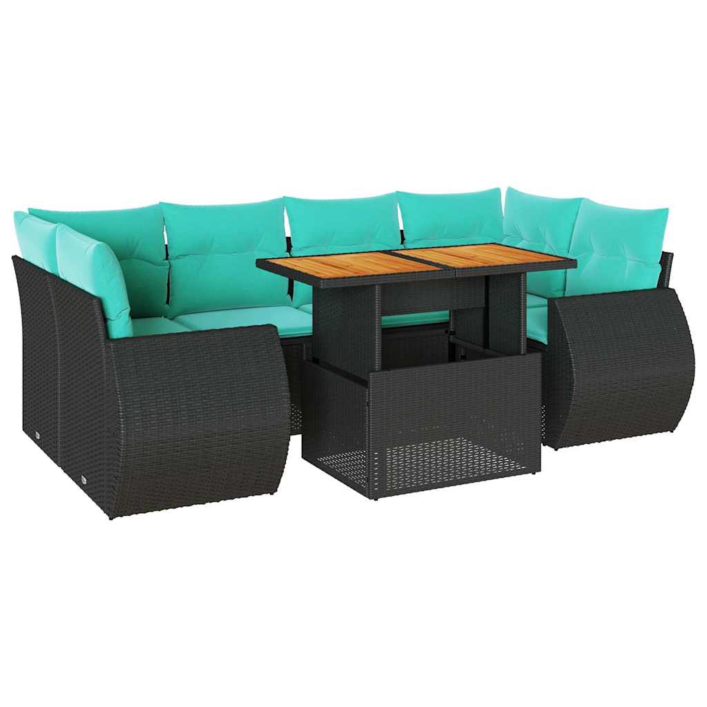 7-tlg. Garten-Sofagarnitur mit Kissen Schwarz Poly Rattan
