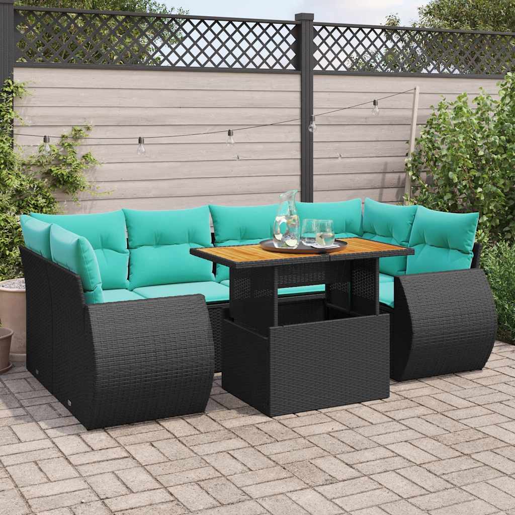 7-tlg. Garten-Sofagarnitur mit Kissen Schwarz Poly Rattan
