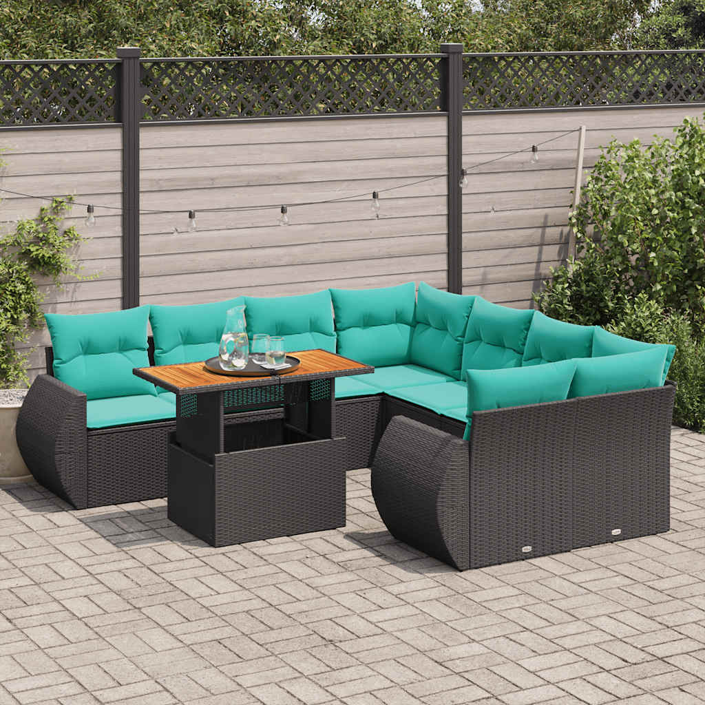 9-tlg. Garten-Sofagarnitur mit Kissen Schwarz Poly Rattan