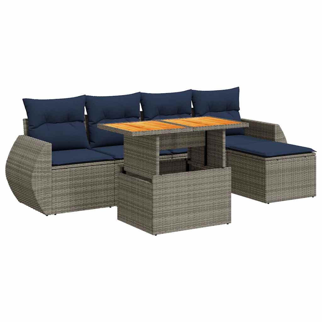 6-tlg. Garten-Sofagarnitur mit Kissen Grau Poly Rattan