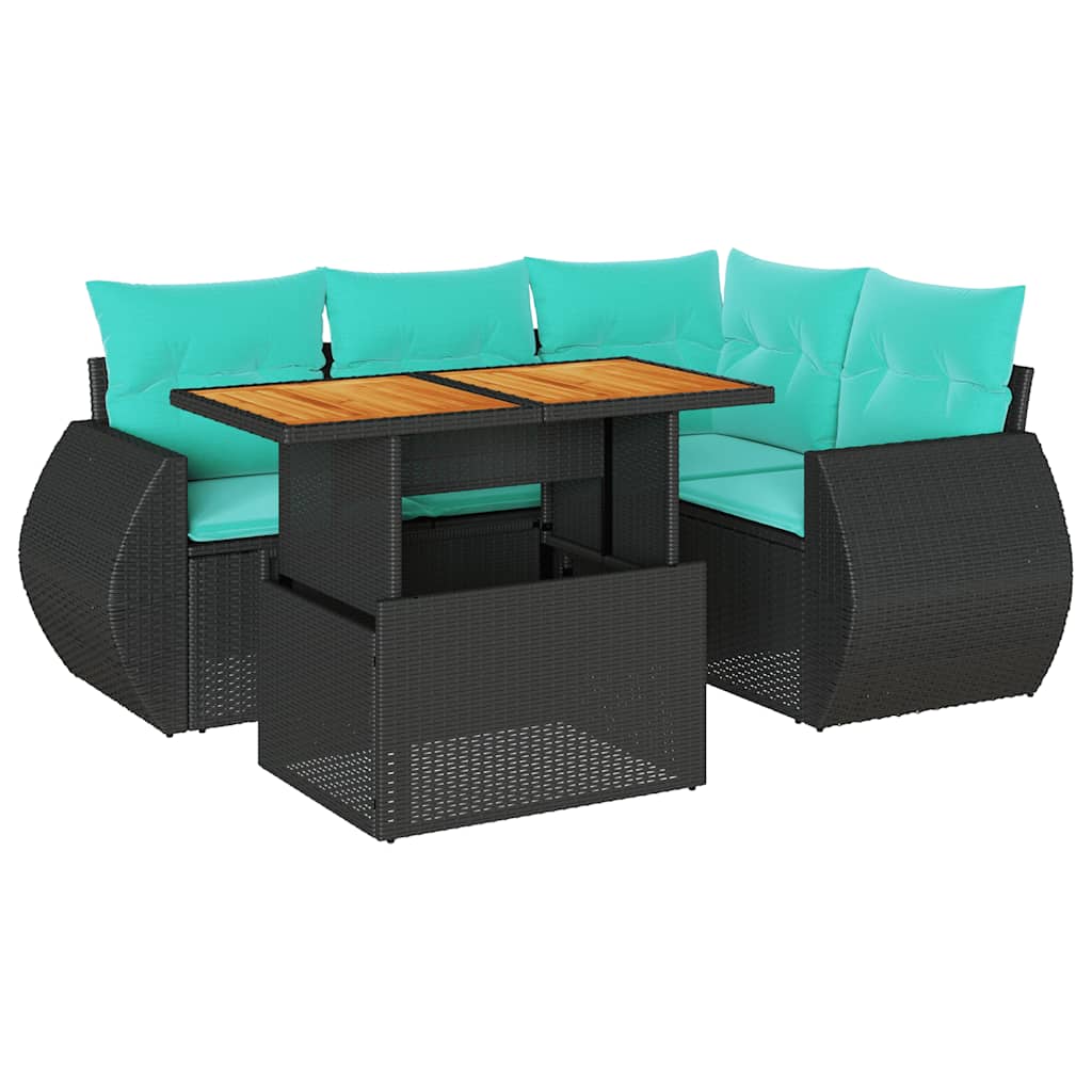 5-tlg. Garten-Sofagarnitur mit Kissen Schwarz Poly Rattan