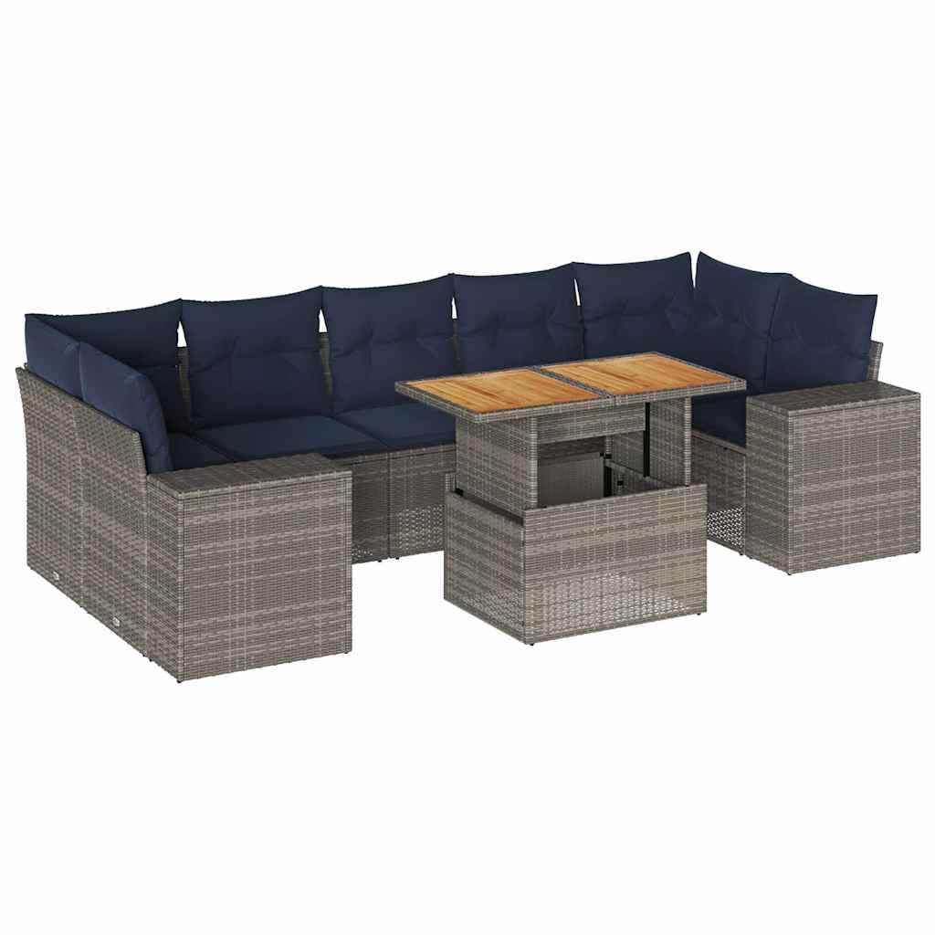 8-tlg. Garten-Sofagarnitur mit Kissen Grau Poly Rattan