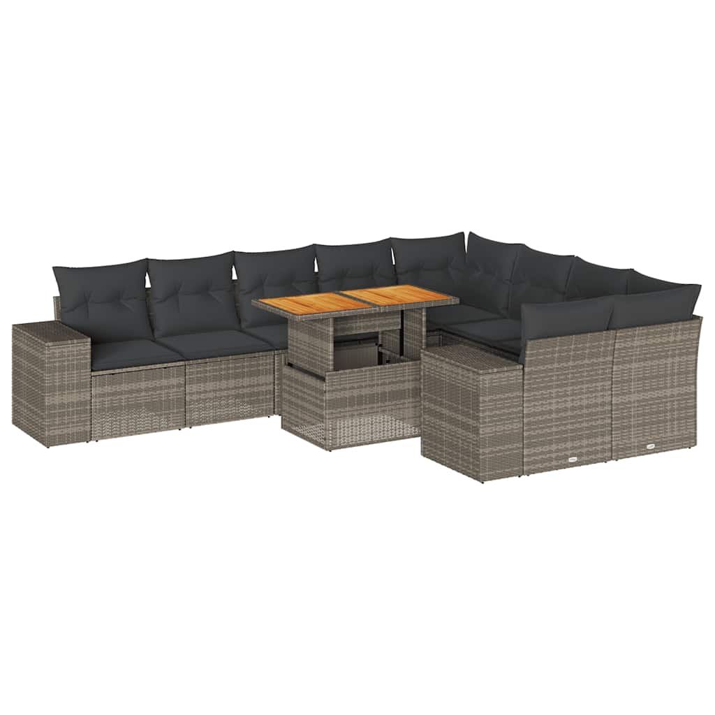 10-tlg. Garten-Sofagarnitur mit Kissen Grau Poly Rattan Akazie
