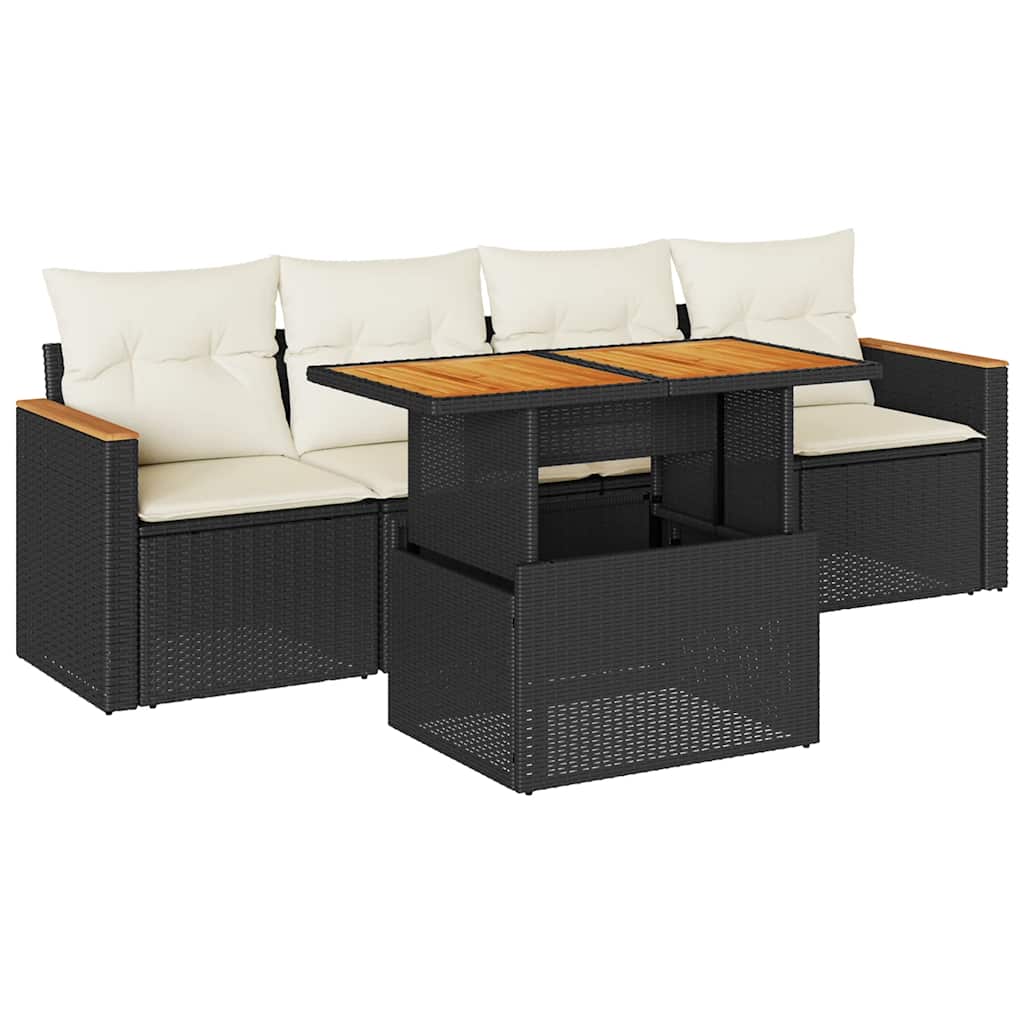 5tlg. Garten-Sofagarnitur mit Kissen Schwarz Poly Rattan Akazie