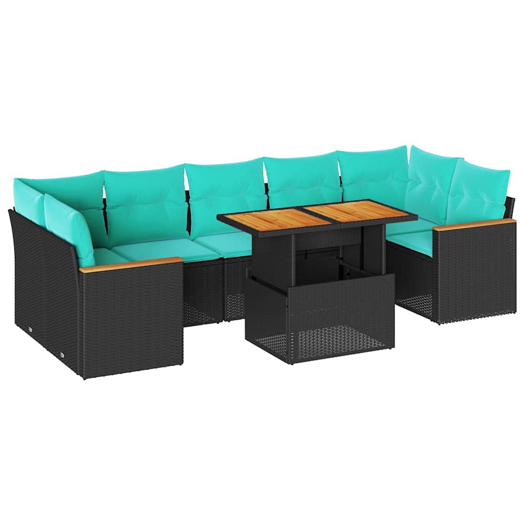 8-tlg. Garten-Sofagarnitur mit Kissen Schwarz Poly Rattan