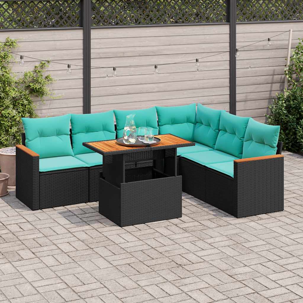 7-tlg. Garten-Sofagarnitur mit Kissen Schwarz Poly Rattan