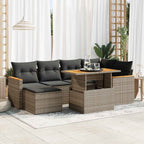 7-tlg. Garten-Sofagarnitur mit Kissen Grau Poly Rattan Akazie