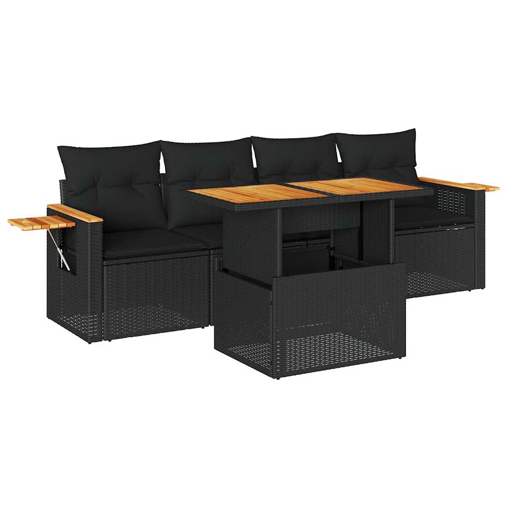 5tlg. Garten-Sofagarnitur mit Kissen Schwarz Poly Rattan Akazie