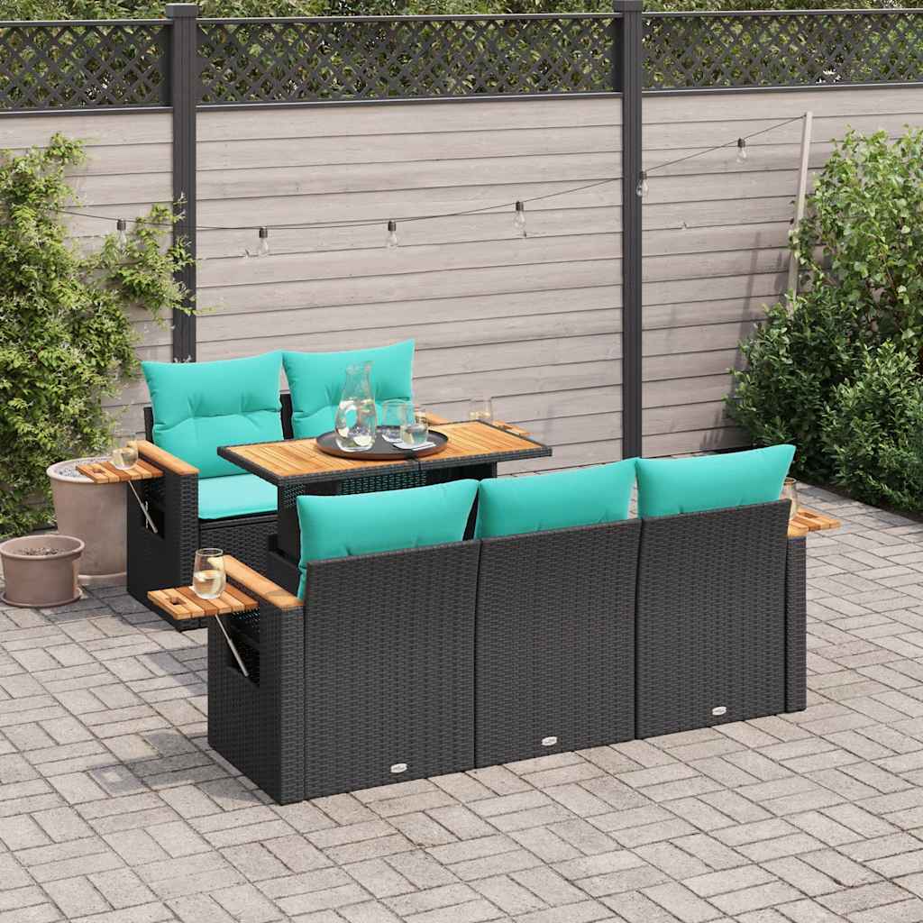 6-tlg. Garten-Sofagarnitur mit Kissen Schwarz Poly Rattan