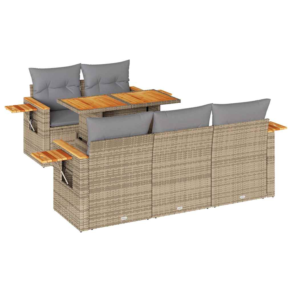 6-tlg. Garten-Sofagarnitur mit Kissen Beige Poly Rattan Akazie