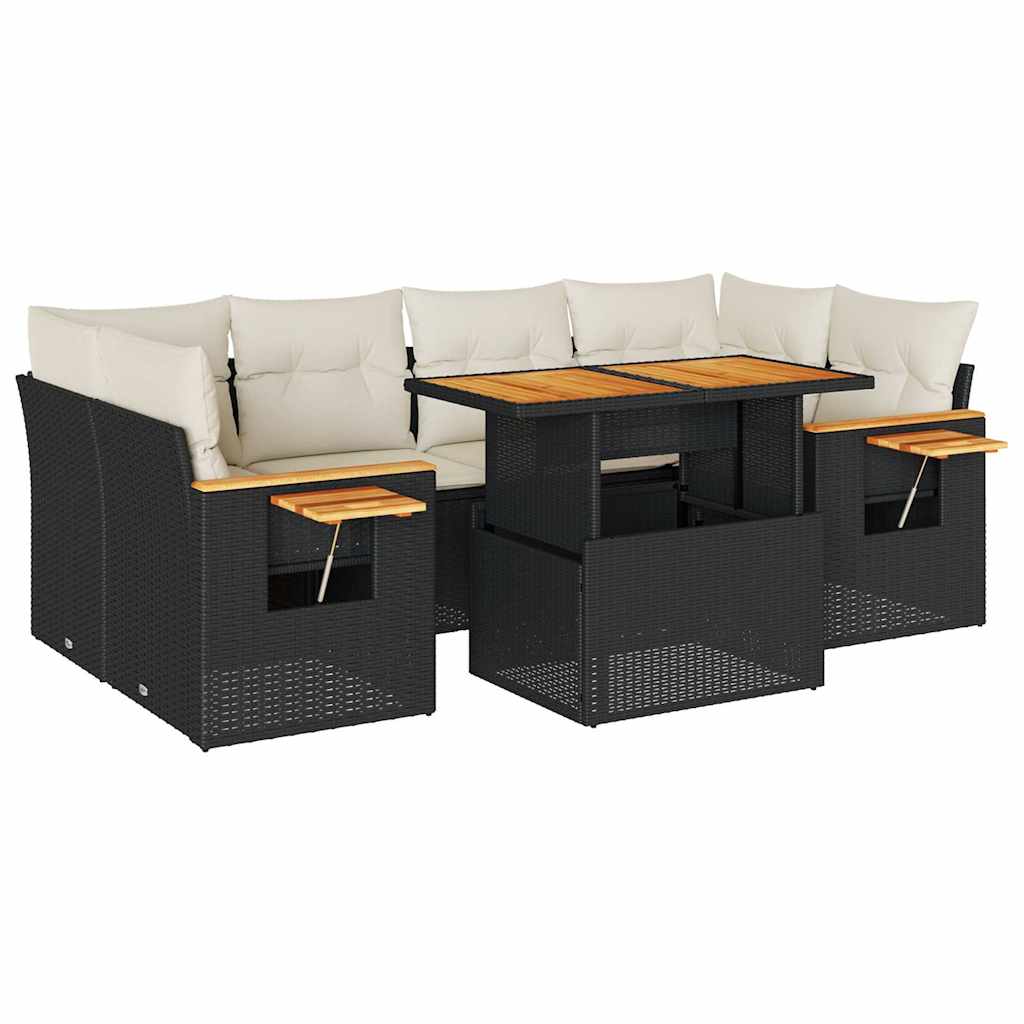 7-tlg. Garten-Sofagarnitur mit Kissen Schwarz Poly Rattan