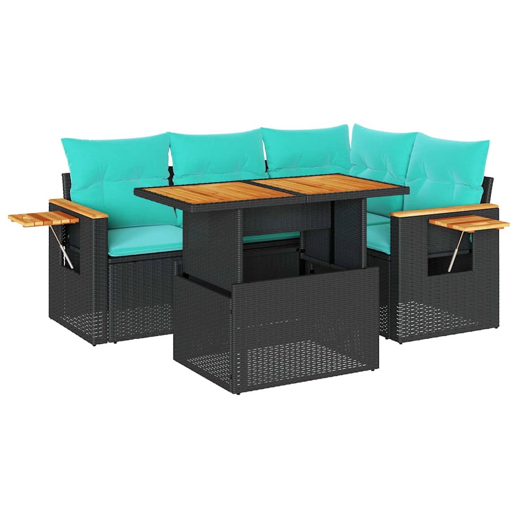 5tlg. Garten-Sofagarnitur mit Kissen Schwarz Poly Rattan Akazie