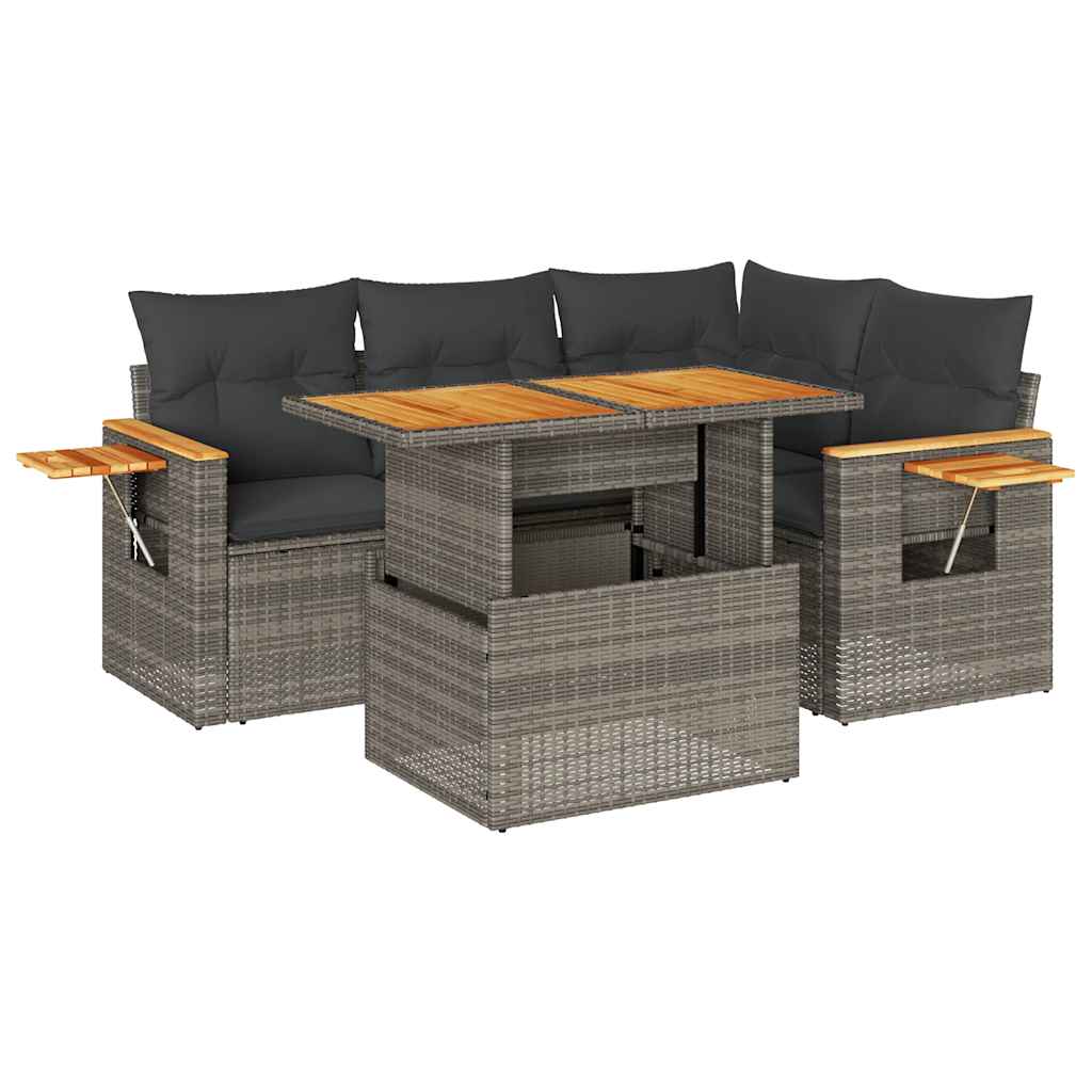 5-tlg. Garten-Sofagarnitur mit Kissen Grau Poly Rattan Akazie