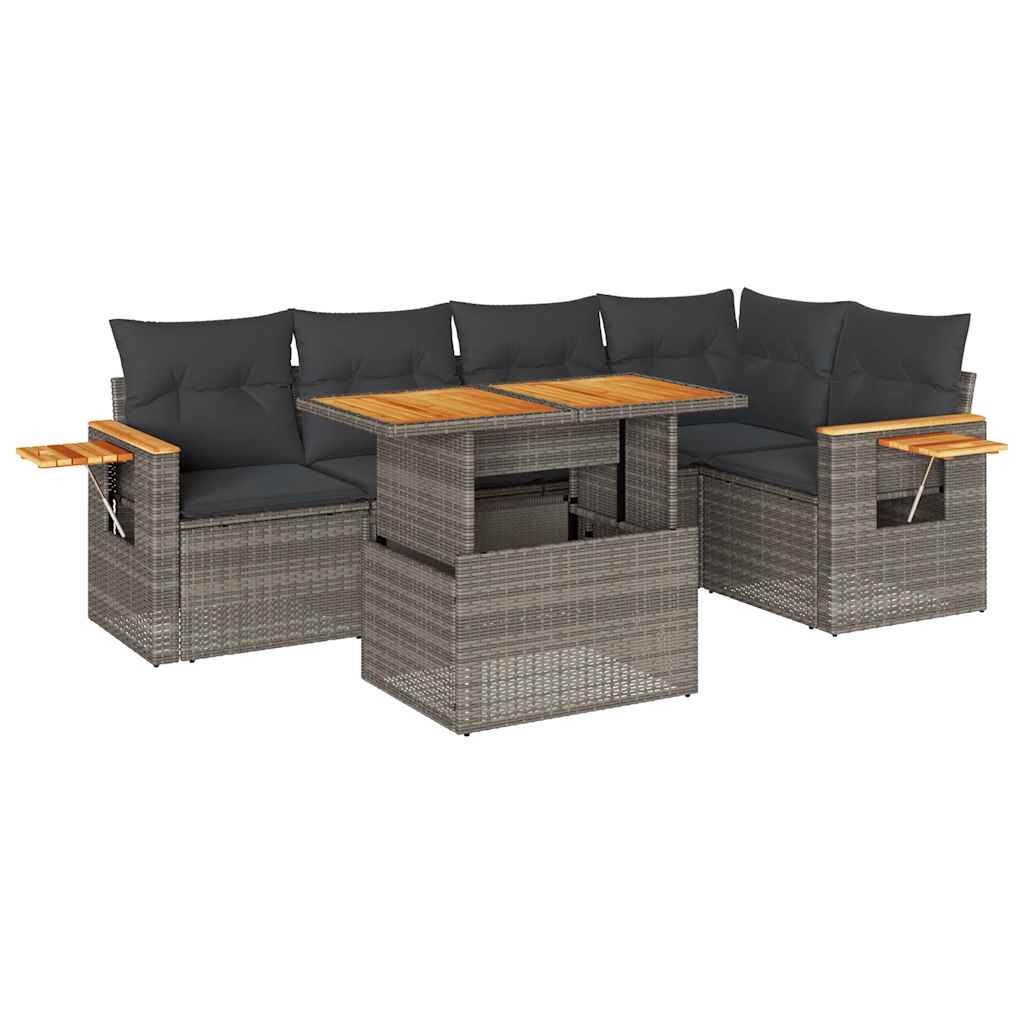 6-tlg. Garten-Sofagarnitur mit Kissen Grau Poly Rattan Akazie