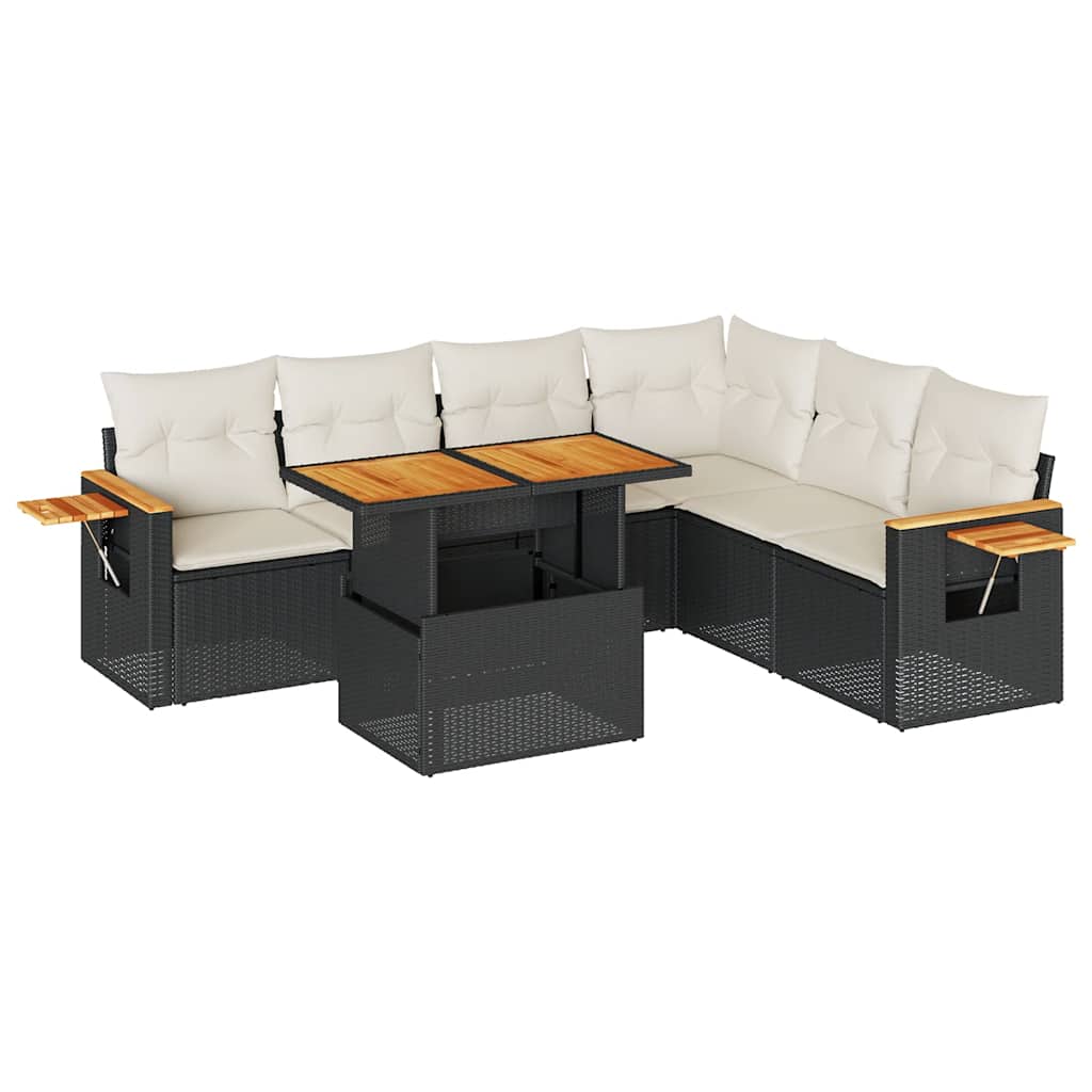 7-tlg. Garten-Sofagarnitur mit Kissen Schwarz Poly Rattan
