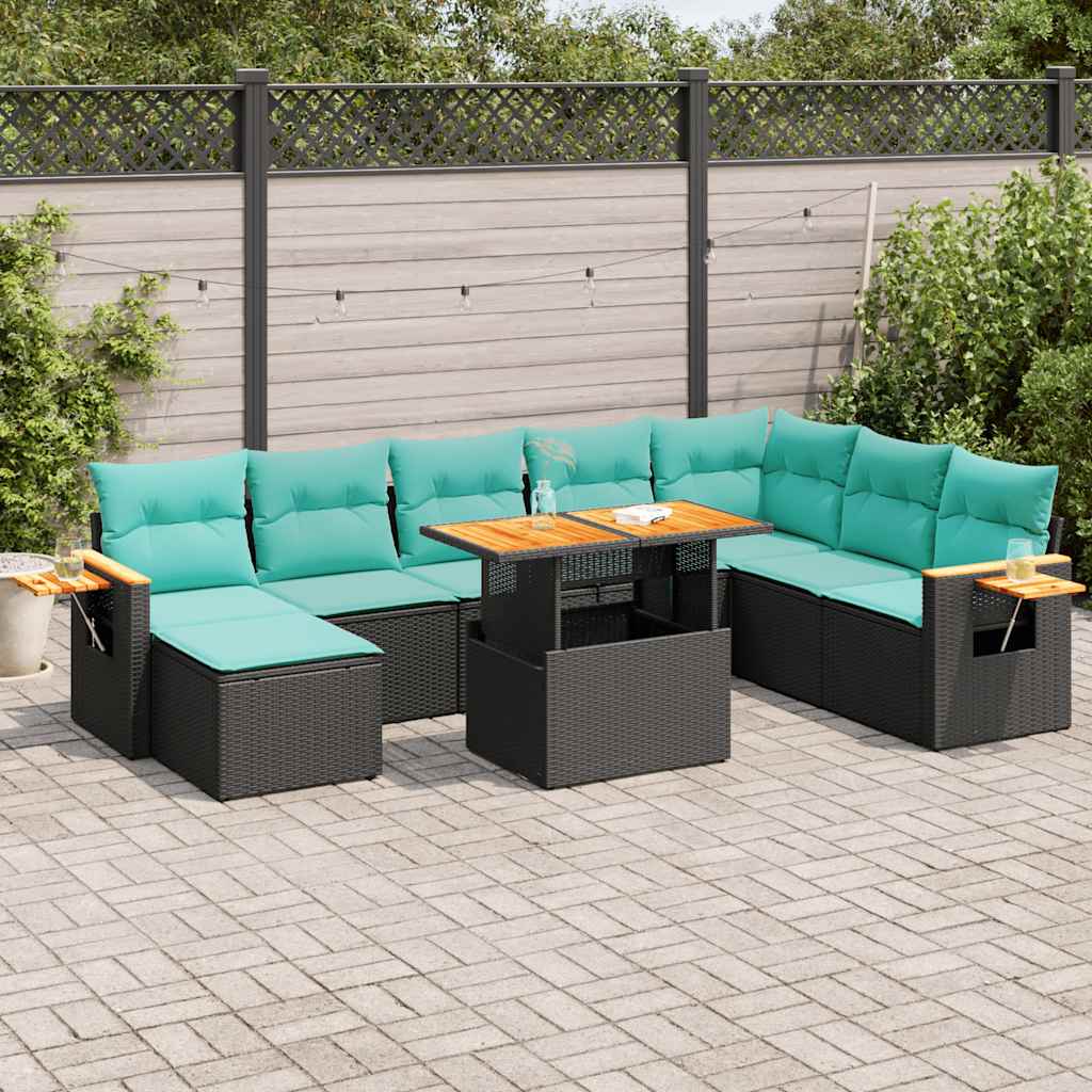 10-tlg. Garten-Sofagarnitur mit Kissen Schwarz Poly Rattan