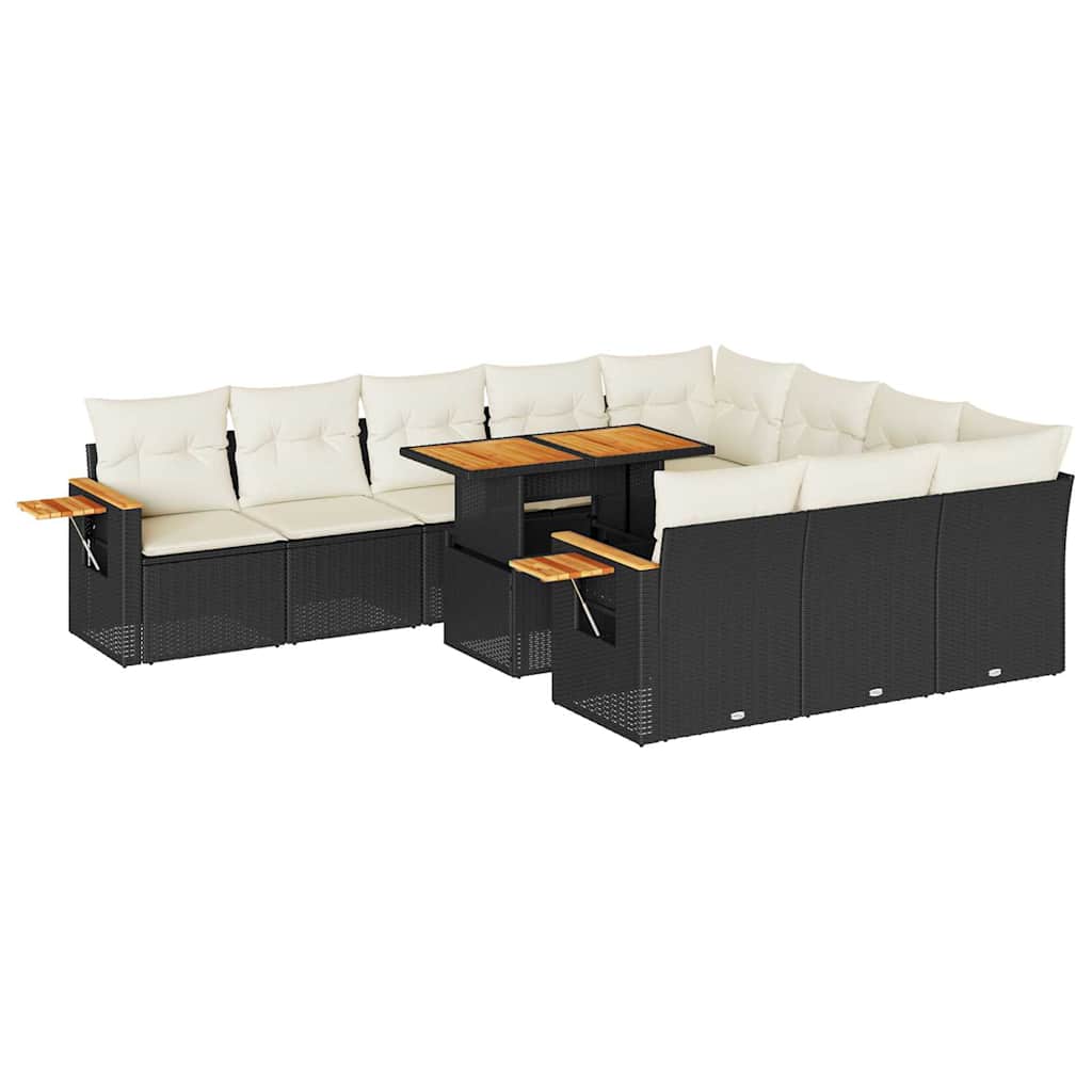 11-tlg. Garten-Sofagarnitur mit Kissen Schwarz Poly Rattan
