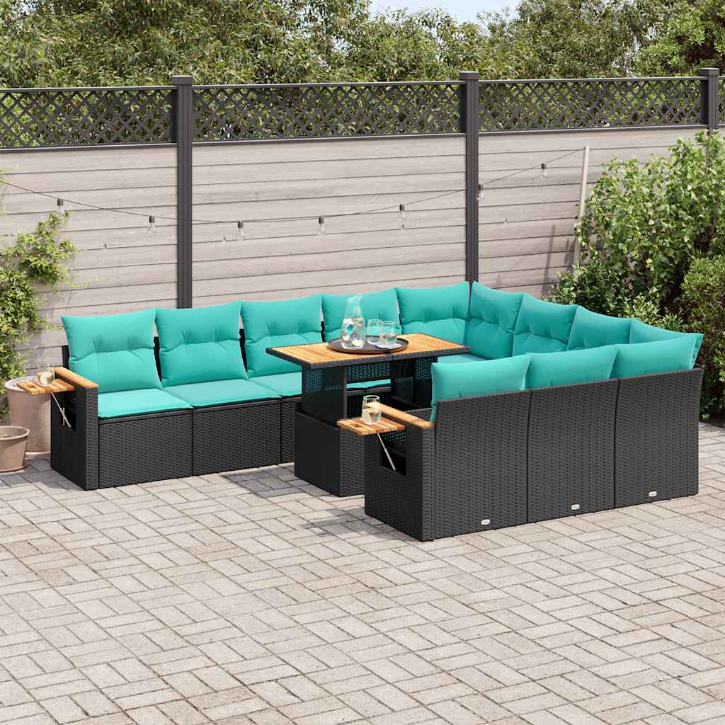 11-tlg. Garten-Sofagarnitur mit Kissen Schwarz Poly Rattan