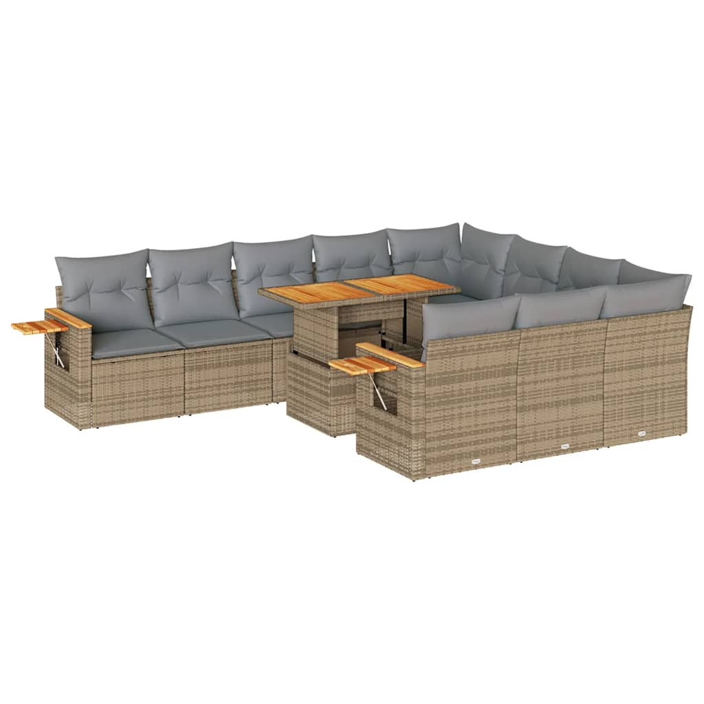 11-tlg. Garten-Sofagarnitur mit Kissen Beige Poly Rattan Akazie