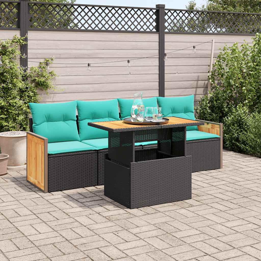5tlg. Garten-Sofagarnitur mit Kissen Schwarz Poly Rattan Akazie