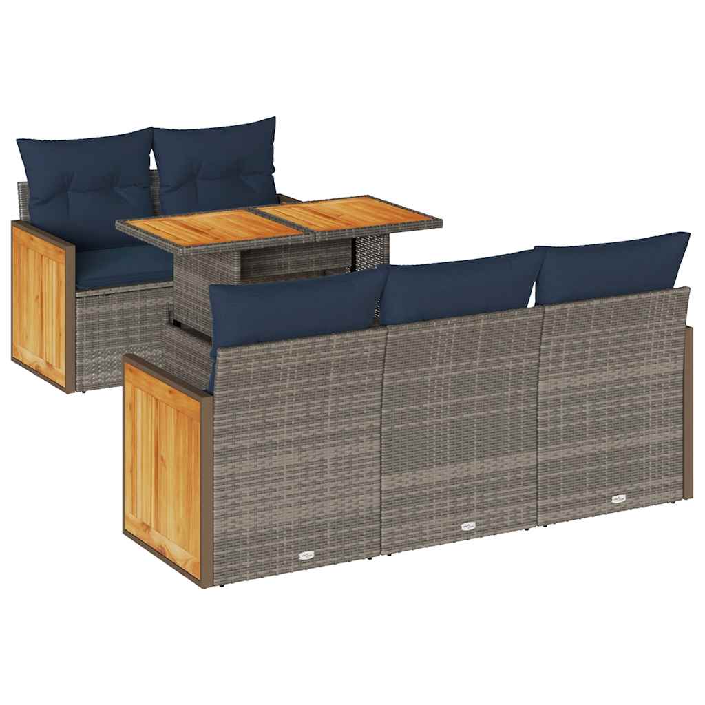 6-tlg. Garten-Sofagarnitur mit Kissen Grau Poly Rattan Akazie