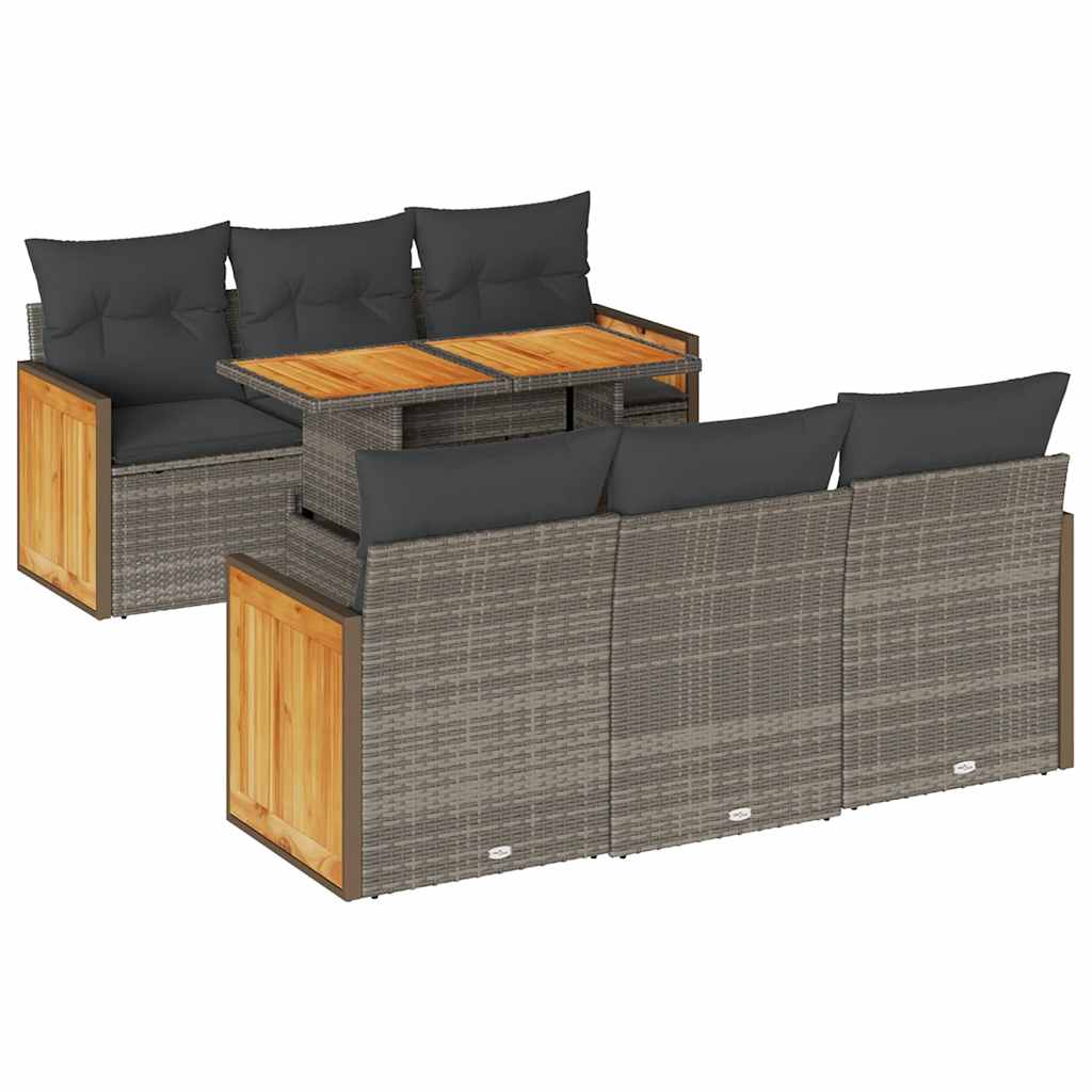 7-tlg. Garten-Sofagarnitur mit Kissen Grau Poly Rattan Akazie