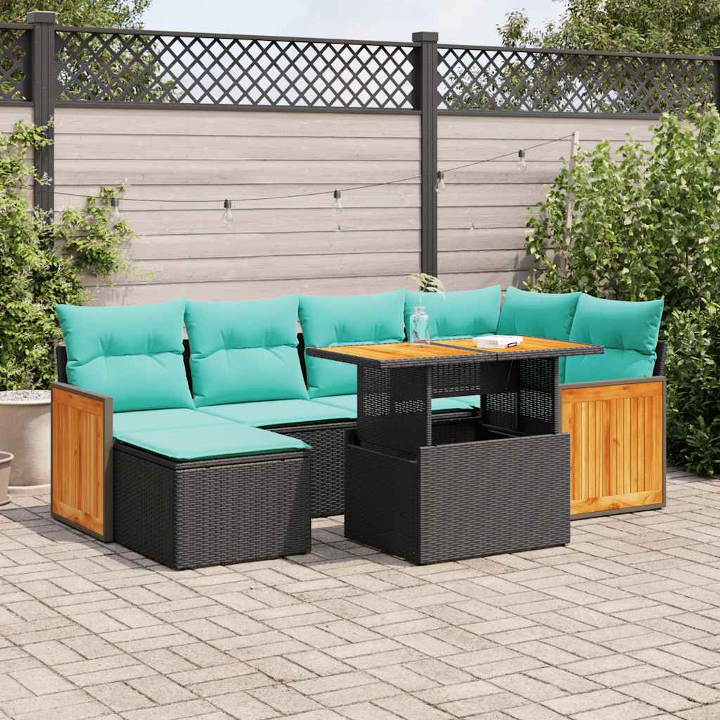 7-tlg. Garten-Sofagarnitur mit Kissen Braun Poly Rattan Akazie