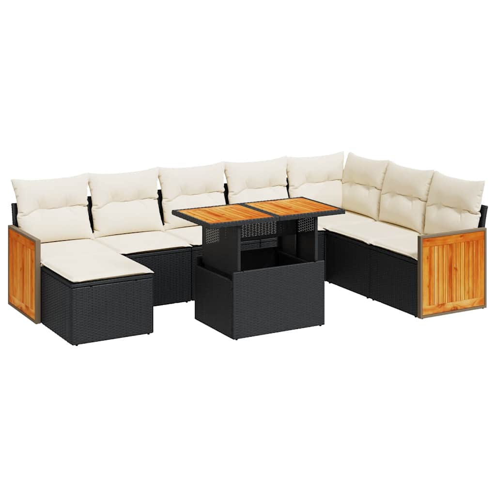 9-tlg. Garten-Sofagarnitur mit Kissen Schwarz Poly Rattan