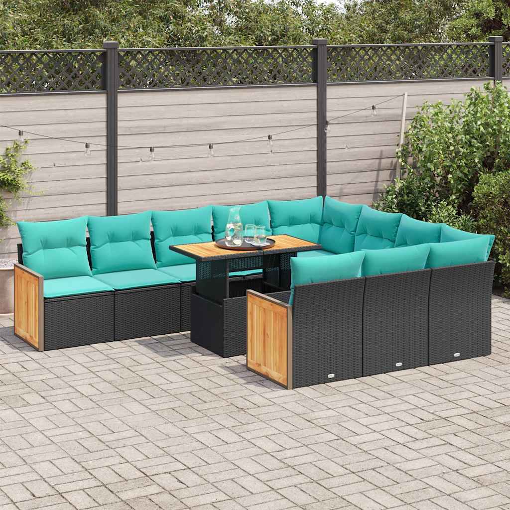 11-tlg. Garten-Sofagarnitur mit Kissen Schwarz Poly Rattan