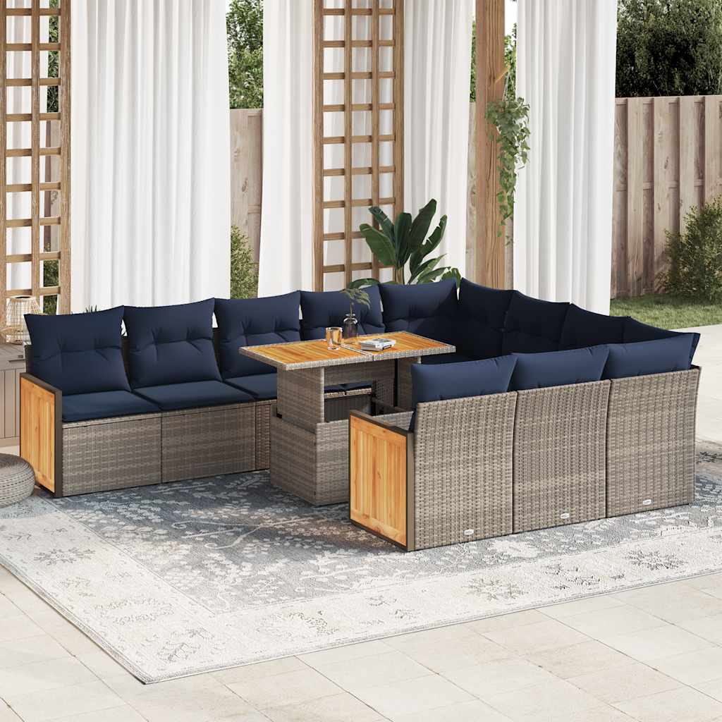 11-tlg. Garten-Sofagarnitur mit Kissen Grau Poly Rattan Akazie