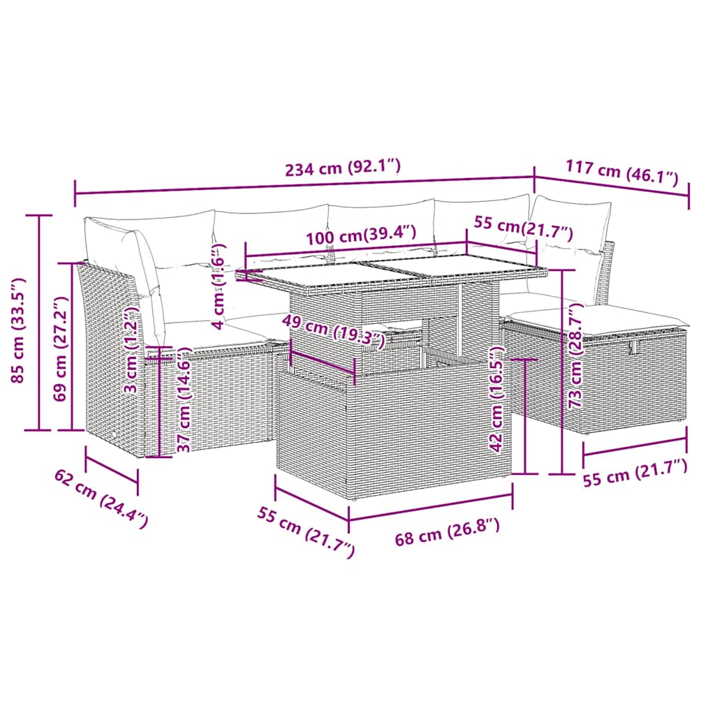6-tlg. Garten-Sofagarnitur mit Kissen Grau Poly Rattan